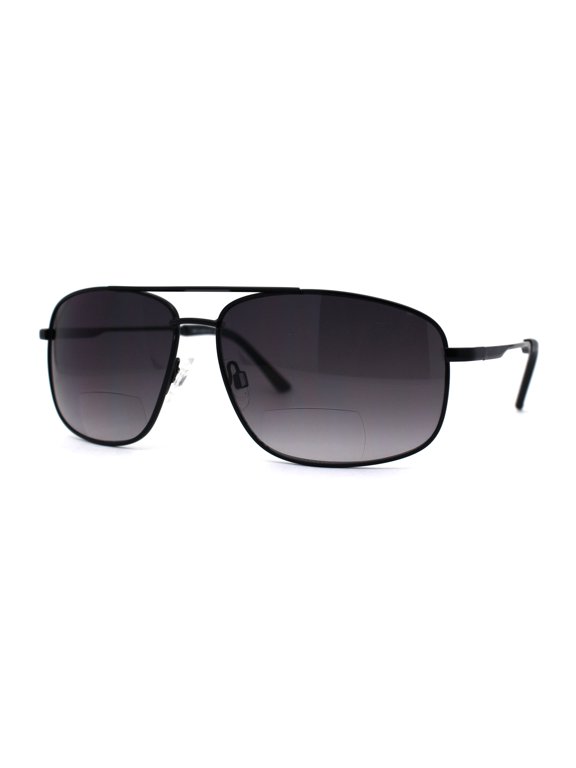 Mens Classic Narrow Rectangle Airforce Officer Style Bifocal Lens Sunglasses Black Smoke +1.5