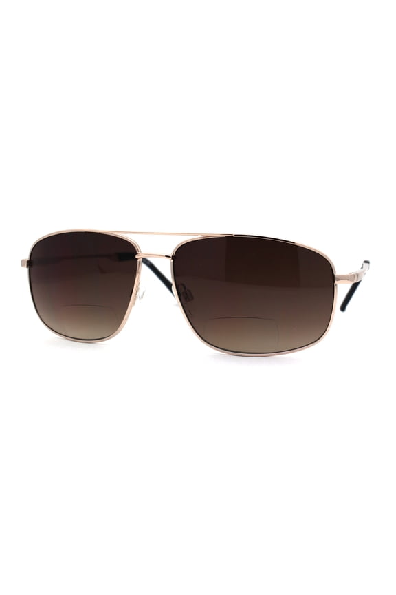 Mens Classic Narrow Rectangle Airforce Officer Style Bifocal Lens Sunglasses Gold Brown +2.5