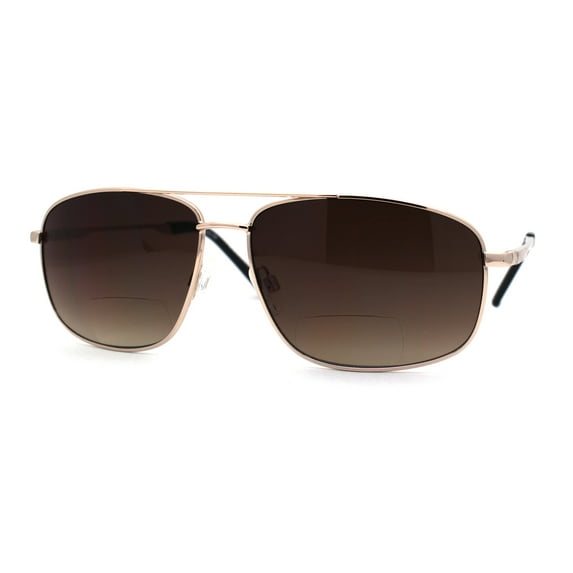 Mens Classic Narrow Rectangle Airforce Officer Style Bifocal Lens Sunglasses Gold Brown +2.75