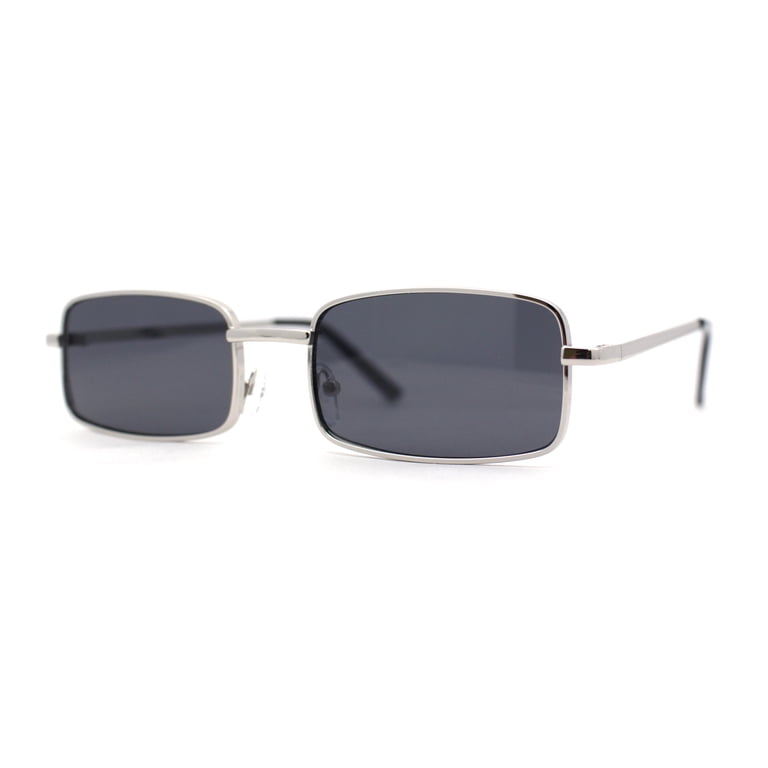 Mens Classic Narrow Rectangle Metal Rim Dad Sunglasses Silver