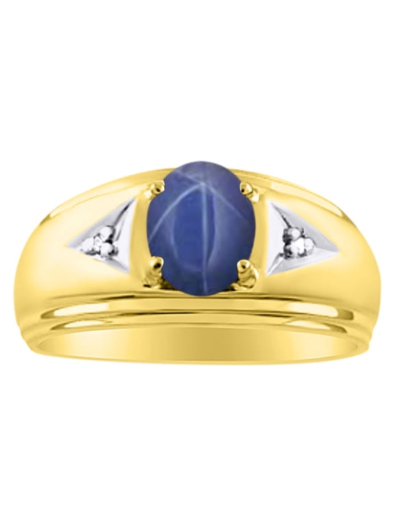 Mens Classic Oval Blue Star Sapphire & Diamond Ring Set in Yellow Gold Plated Silver
