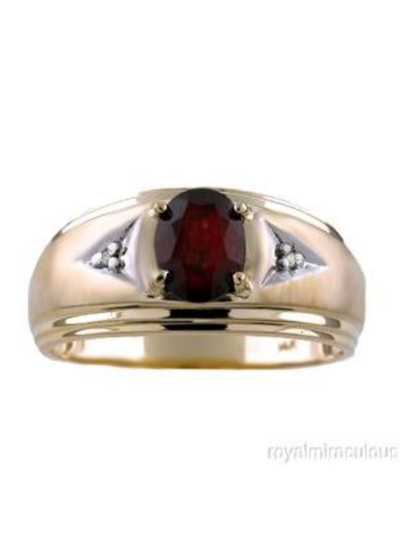 Mens Classic Oval Garnet & Diamond Ring Set in Yellow Gold Plated Silver .925 January Birthstone