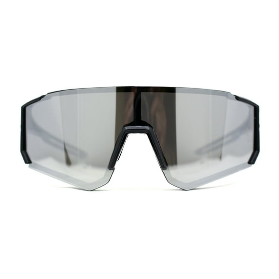 Mens Classic Oversized Block Shield Rimless Plastic Sport Sunglasses Black Silver Mirror