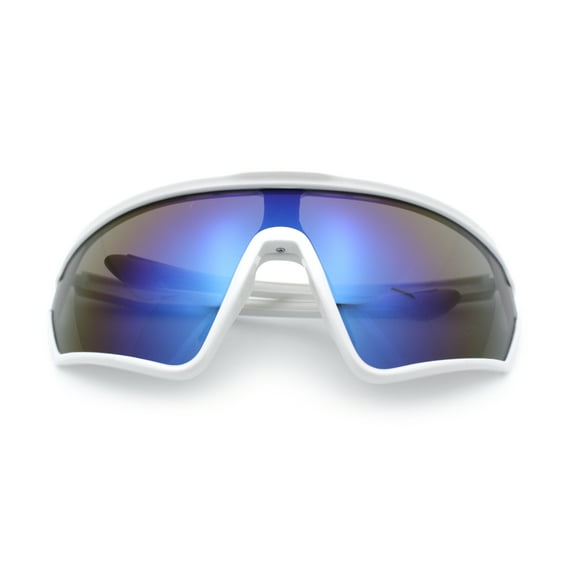 Mens Classic Oversized Shield Color Mirror Wrap Around Sport Plastic Sunglasses White - Blue Mirror