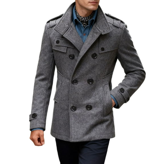 Mens Classic Pea Coat Notched Collar Double Breasted Slim Fit Winter Warm Heavyweight Trench Coats with Pockets