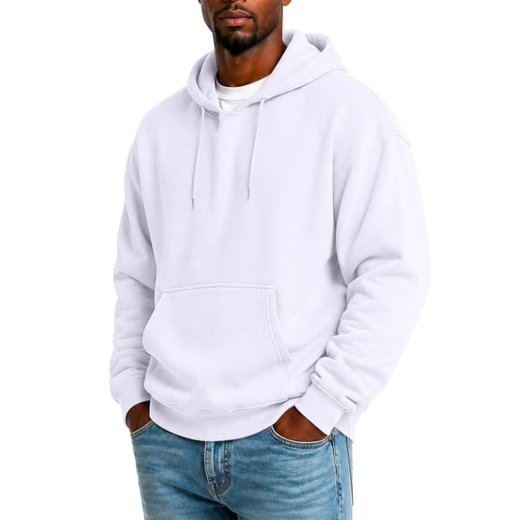 Mens Classic Pullover Hoodie Long Sleeve Solid Hooded Sweatshirt Front Pocket White 3XL