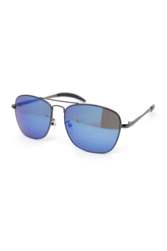 Mens Classic Rectangle Officer Air Force Pilot Metal Sunglasses Gunmetal - Blue Mirror