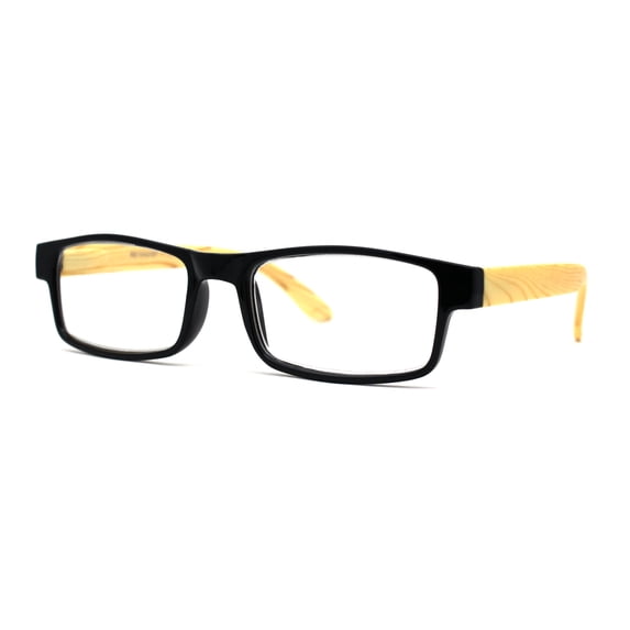 Mens Classic Rectangle Wood Grain Spring Hinge Arm Plastic Reading Glasses Black Ivory +4.0