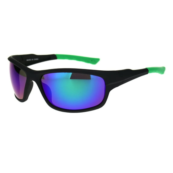 Mens Classic Rectangular Warp Around Sport Plastic Sunglasses Matte Black Green Teal Mirror