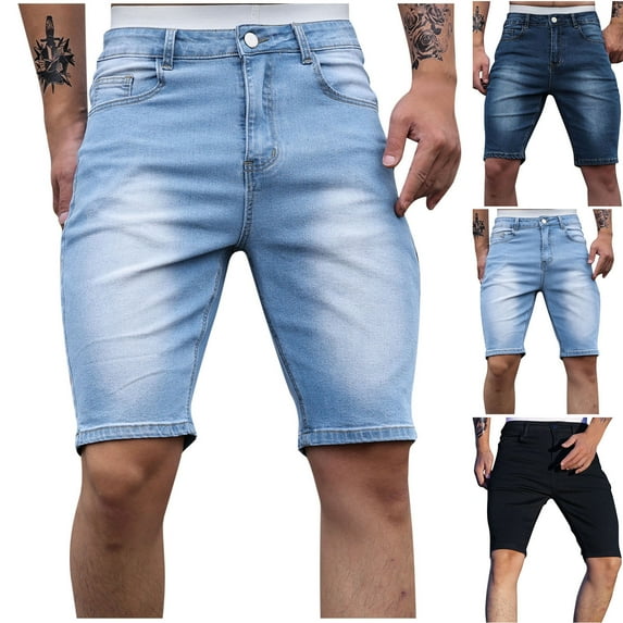 Mens Classic Relaxed Fit Jean Shorts Zipper Elastic Slim Casual Denim Shorts Play Wrap Ripped Mid-length Pants Blue Summer Denim Cargo Shorts