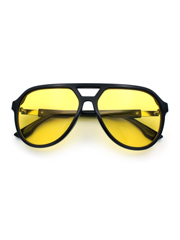 Mens Classic Retro Vented Side Visor Plastic Racer Sunglasses Shiny Black - Yellow