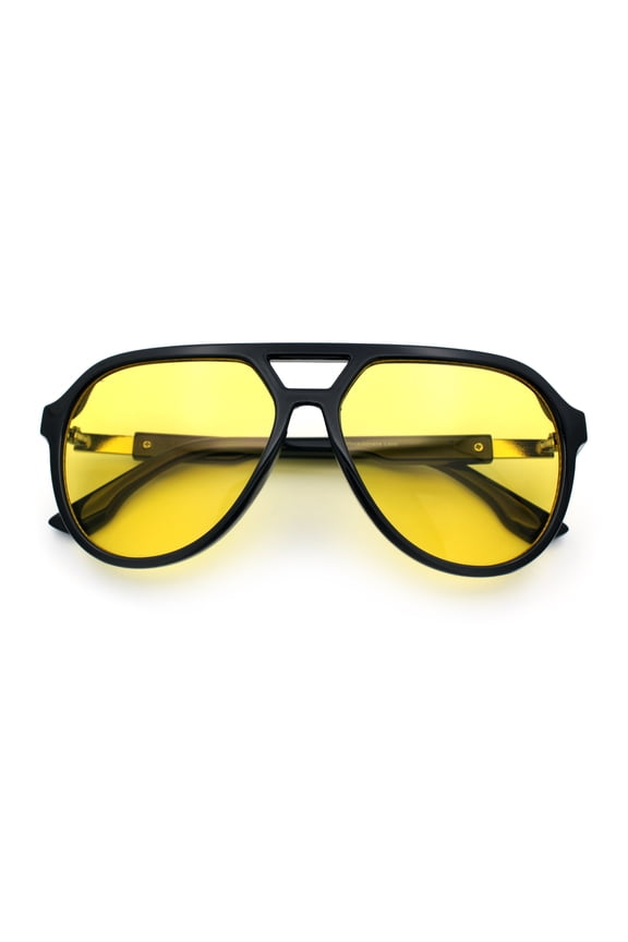 Mens Classic Retro Vented Side Visor Plastic Racer Sunglasses Shiny Black - Yellow