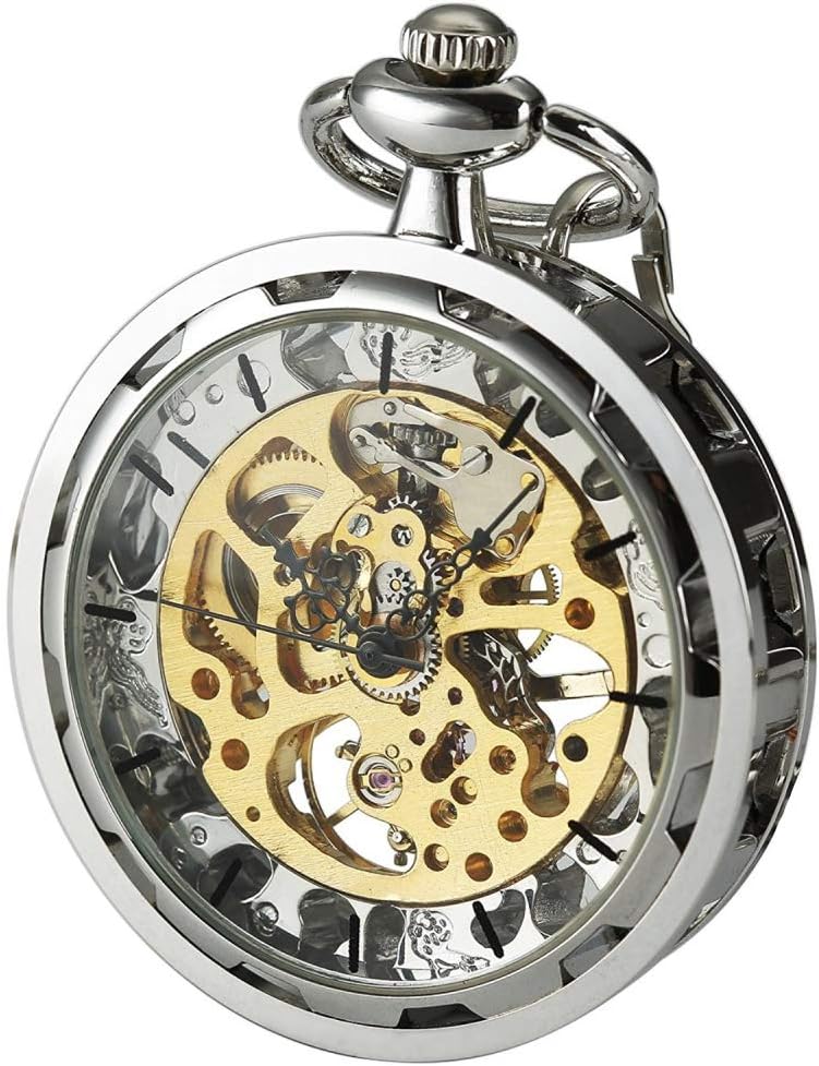 Mens Classic Steampunk Pocket Watch with Chain Skeleton Hand Wind
