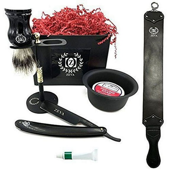 Mens Classic Straight Razor Wet Shave Gift Set with Drip Stand Full Matte Black