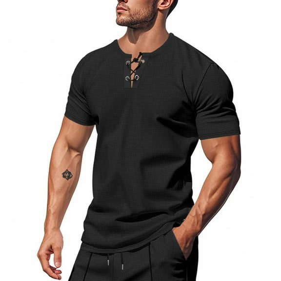 Mens Classic T Shirts Mens Shirt Pack Knit Henley Shirts for Men Short Sleeve Casual Summer Basic T Shirt Lace Up V Neck Vintage Lightweight Tee Tops