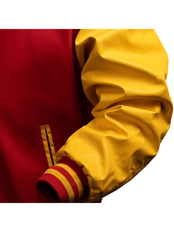 Men's Varsity Jacket Classic Letterman Style with PU Leather Sleeves Bright Red L
