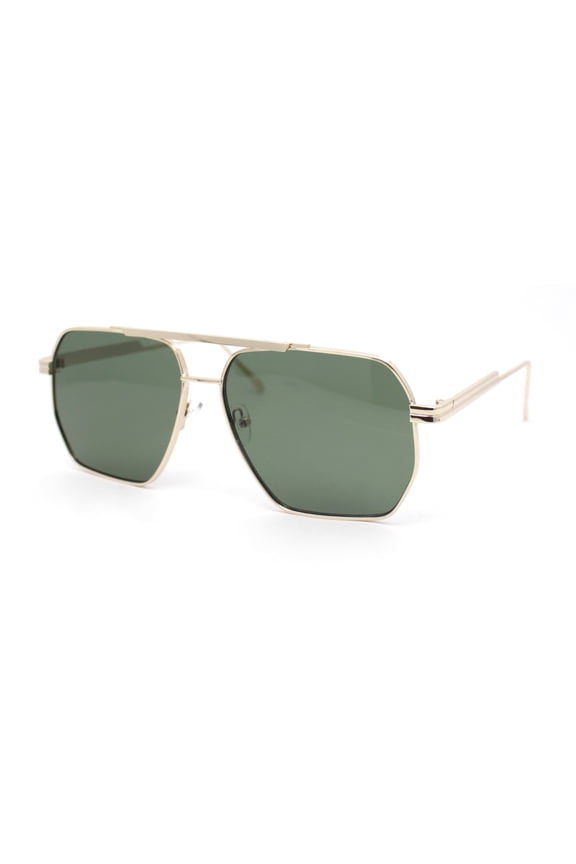 Mens Classy Geometric Squared Double Bridge Officer Metal Rim Sunglasses Gold - Green