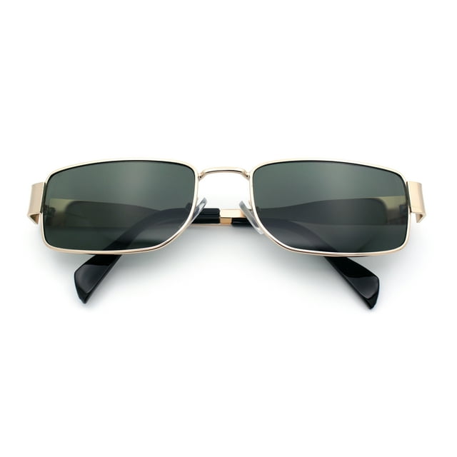 Mens Classy Narrow Rectangle Metal Rim Hustler Fashion Sunglasses Gold - Green