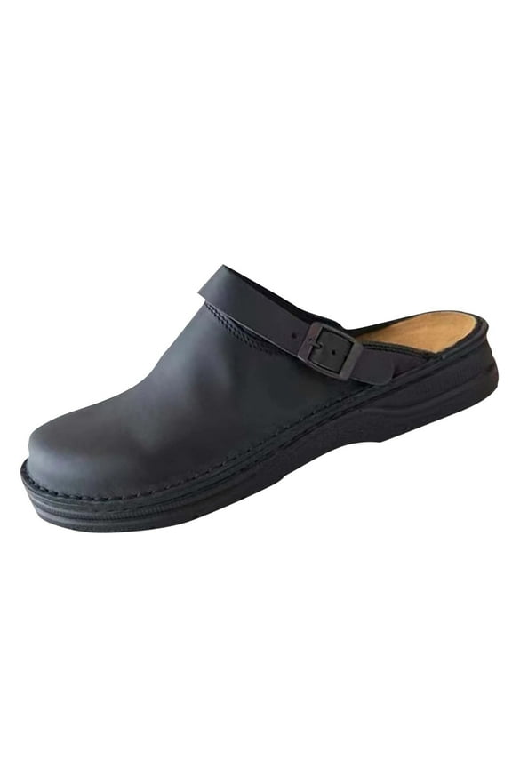 Mens Clogs - 100% Full Grain Faux Leather Clogs for Men with Memory Foam Insole and Arch Support Natural Cork Footbed - Non Slip Mules Mens Slippers with Adjustable Strap (Brooklyn) Size 39-45 Black