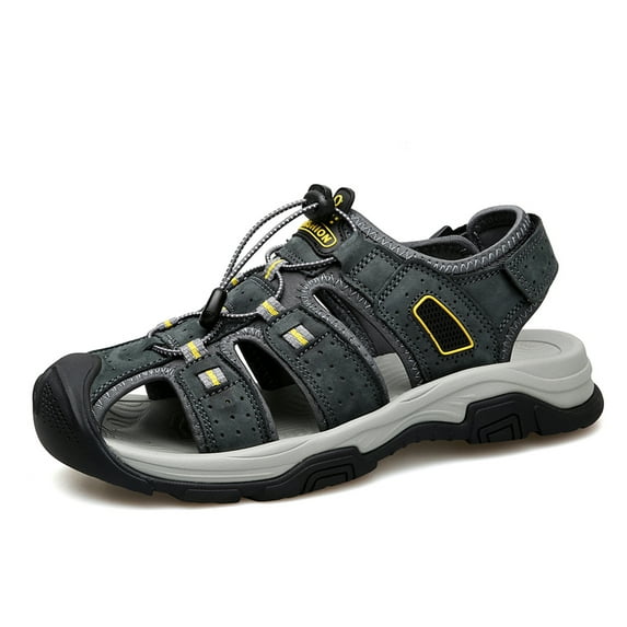 Mens Closed Toe Sandal Leather Hiking Outdoor Beach Wading Sandals Men's Casual Comfort Fisherman Shoes Non-Slip Waterproof Summer Gray 10.5