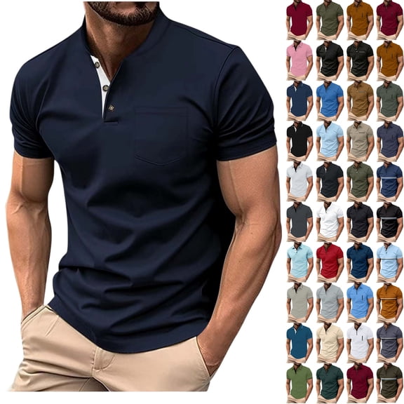 Mens Clothes, Men Solid Color Casual Fashion Button Round Neck Short Sleeve T-shirt Top
