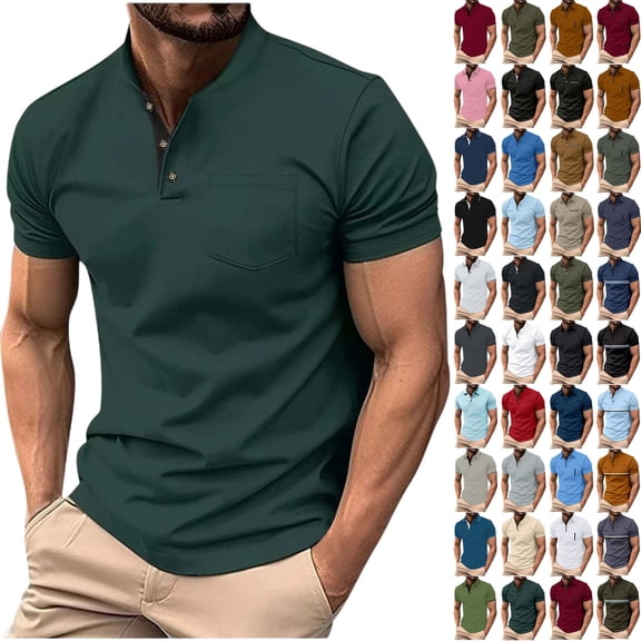 Mens Clothes, Men Solid Color Casual Fashion Button Round Neck Short Sleeve T-shirt Top
