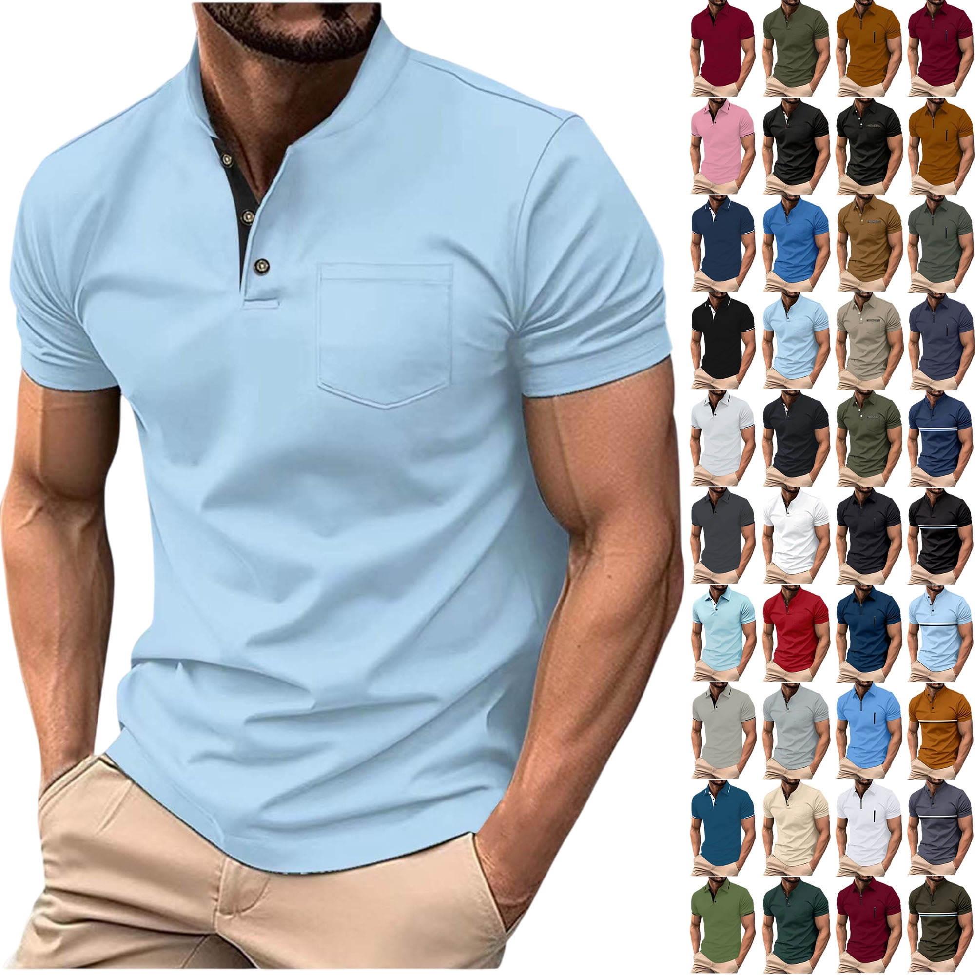 Man Solid Color Mens Clothes, Men Solid Color Casual Fashion Button Round Neck Short ...