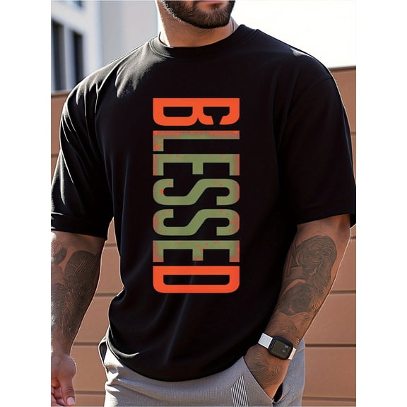 Mens Clothes, T Shirts for Men, Casual Style Design with Print, 100% Pure Cotton Fabric, Loose Fit, Comfortable And Breathable, BLESSED Black T-Shirt, Fashionable And Trendy