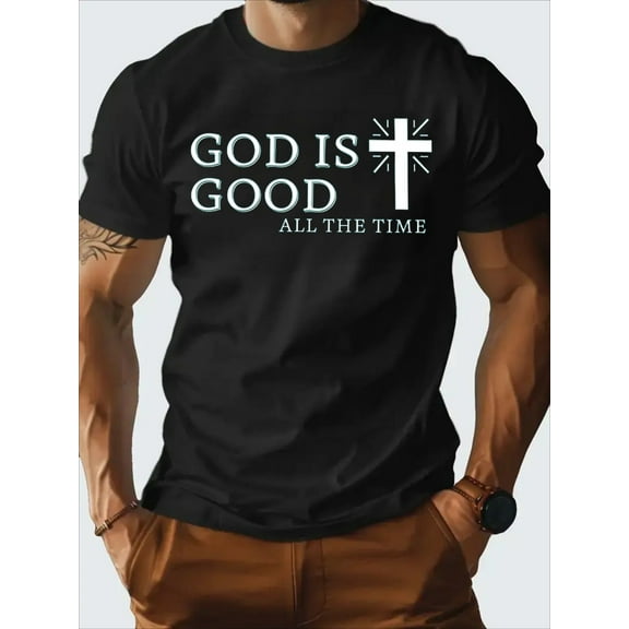 Mens Clothes, T Shirts for Men, Minimalist Design with Print, 100% Pure Cotton Fabric, Shirts for Men, God Is Good All The Time Faith Print Short Sleeve T-Shirt, Casual Style, Loose Fit