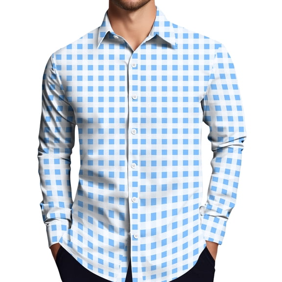 Mens Clothing Blouse Men Dress Shirt Tops Casual Business Plaid Print Long Sleeves Camisa Social Masculina Shirts for Men Casual Slim Fit Mens Designer Clothing Light Blue M