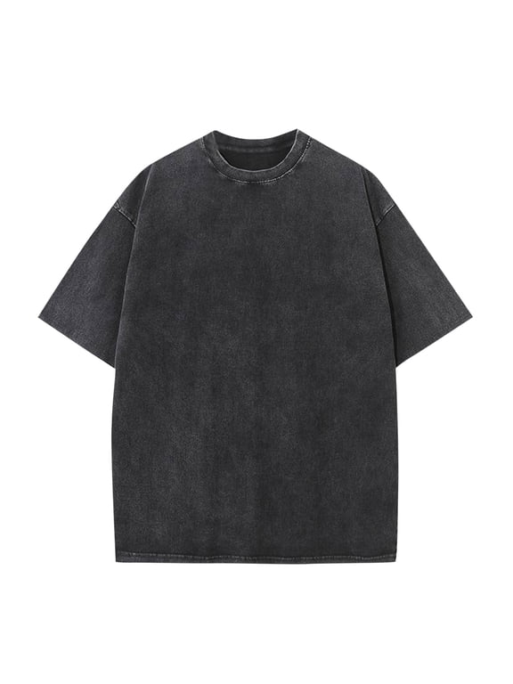 Mens Clothing Casual Round Neck Solid Color Sports Washed Cotton Retro Distressed T-shirt