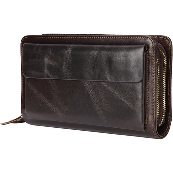 Mens Clutch Bag Brown Men's Long Leather Wallet First Layer Cowhide Fashion Clutch Double Zipper Unisex Business Bag