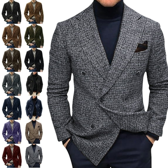 Mens Coat Casual Plaid Turndown Breasted Slim Type Business Multi Button Coat Pocket Coat Jackets for Mens