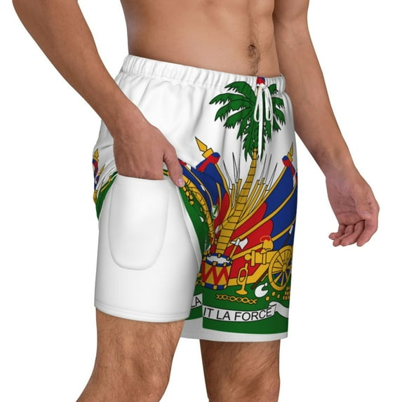 Mens Coat Of Arms Of Haiti Swimming Trunks with Compression Liner Beach Quick Dry Swim Shorts