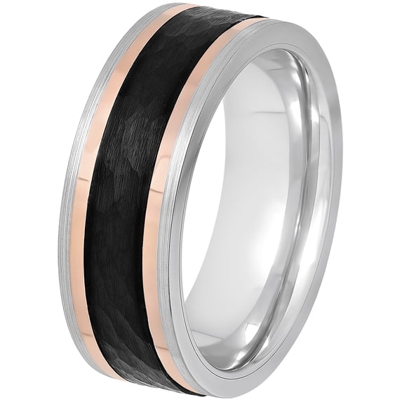 Mens Cobalt Black, Gray, and Rose-Gold IP Wedding Band - Mens Ring