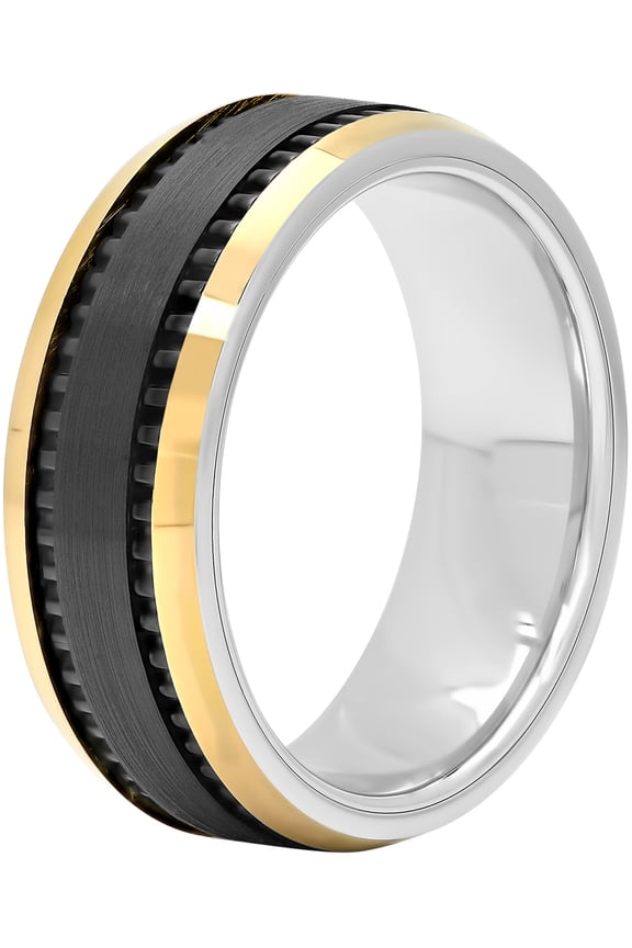 Mens Cobalt Black and Gold-Tone IP Wedding Band - Mens Ring