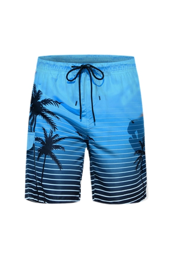 Mens Coconut Tree Print Shorts Casual Loose Fit Summer Short Pants Tropical Design Lightweight Blue L