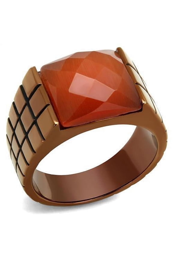 Mens Coffee Brown Ring Anillo Cafe Para Hombres 316L Stainless Steel with Semi-Precious Cat Eye in Orange
