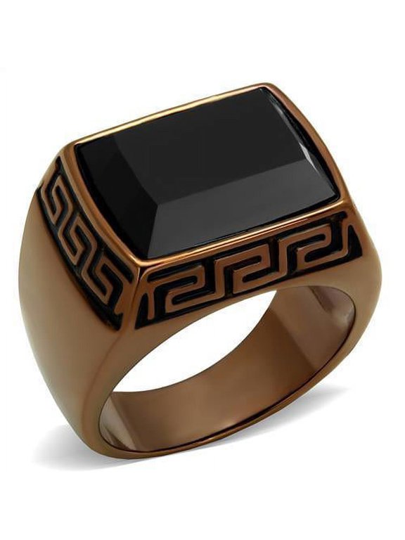 Mens Coffee Brown Ring Anillo Cafe Para Hombres 316L Stainless Steel with Synthetic Onyx in Jet