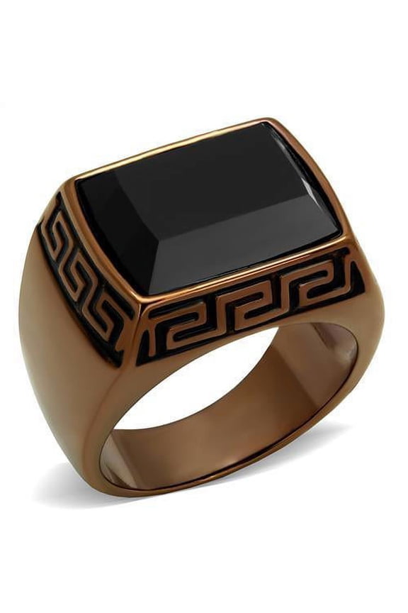 Mens Coffee Brown Ring Anillo Cafe Para Hombres Stainless Steel with Synthetic Onyx in Jet