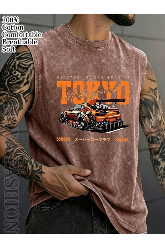 Mens Coffee Brown Vintage Washed Cotton Sleeveless Tank Top With Tokyo Underground JDM Supercar Graphic
