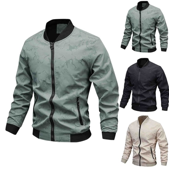 Mens Collar Full-Zip Jacket Print Slim Fit Casual Outerwear Lightweight Versatile Workout Running Jackets