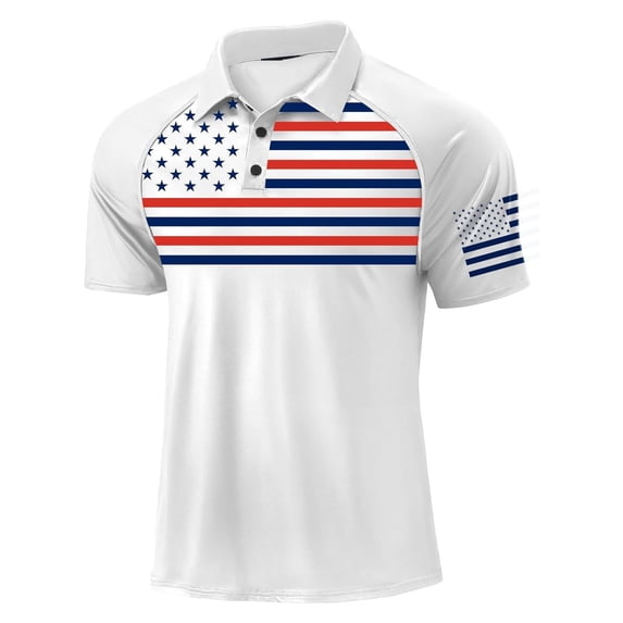 Mens Collared Golf Shirts Summer 4th of July Patriotic Dressy Casual Tops Big & Tall Raglan Shirt White, 4XL
