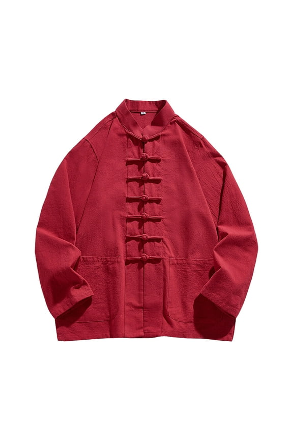 Mens Collared Linen Shirt Chinese Style Knotted Button Up Kung Fu Tops Loose Long Sleeve Casual Vintage Blouse (M, Red)