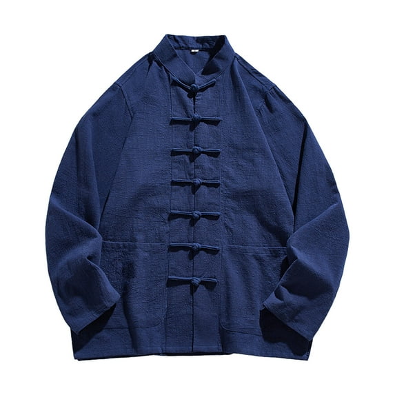 Mens Collared Linen Shirt Chinese Style Knotted Button Up Kung Fu Tops Loose Long Sleeve Casual Vintage Blouse (S, Navy)