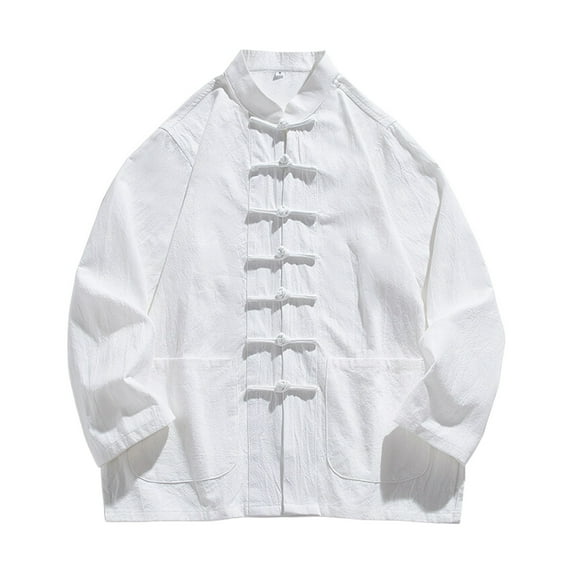 Mens Collared Linen Shirt Chinese Style Knotted Button Up Kung Fu Tops Loose Long Sleeve Casual Vintage Blouse (XL, White)