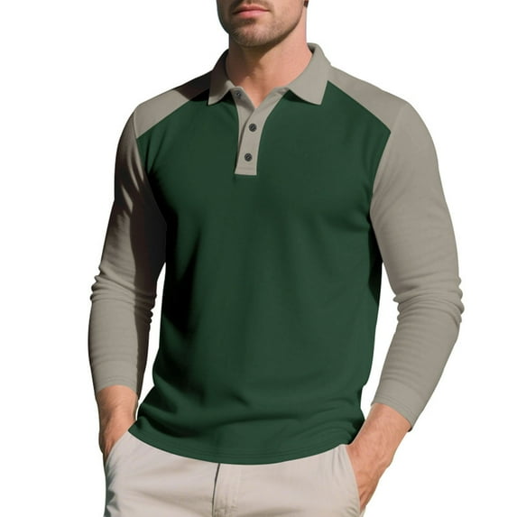 Mens Collared Shirts Long Sleeve Button Casual Tops Color Block Golf Polos Tops Work Office Green, M