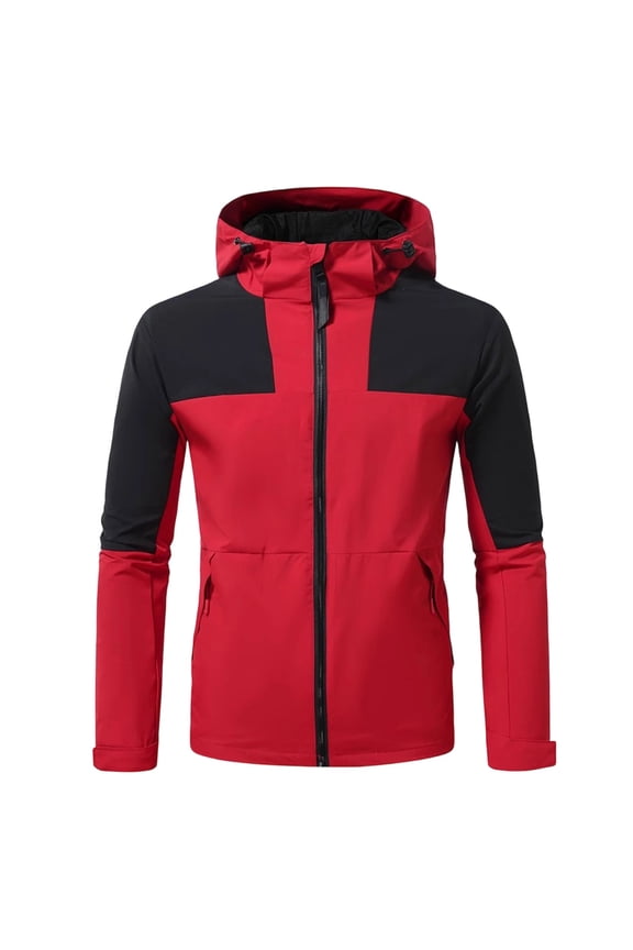Mens Color Block Full Zip Hooded Windbreaker Jacket, Long Sleeve Lightweight Water Resistant Outdoor Hiking Cycling Jacket Casual Top Red
