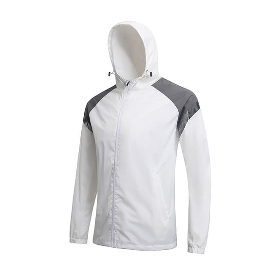 Mens Color Block Hooded Jacket Windbreaker, Lightweight Windproof Water Resistant Jacket Full Zip Long Sleeve Soccer Training Outdoor Sports Coat Size 3XL White