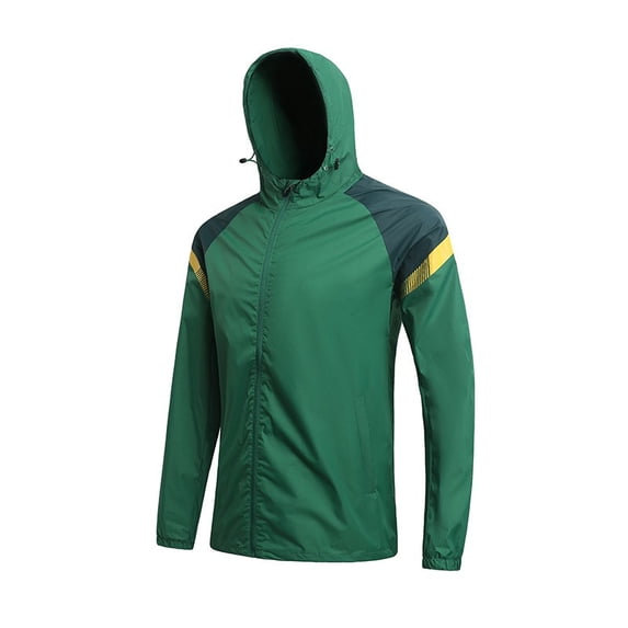 Mens Color Block Hooded Jacket Windbreaker, Lightweight Windproof Water Resistant Jacket Full Zip Long Sleeve Soccer Training Outdoor Sports Coat Size 3XL Green